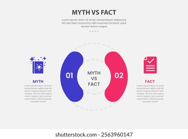 myth vs facts infographic outline style with 2 point comparison template with big circle base with round shape opposite for slide presentation vector