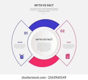 myth vs facts infographic outline style with 2 point comparison template with circle and pie chart shape for slide presentation vector