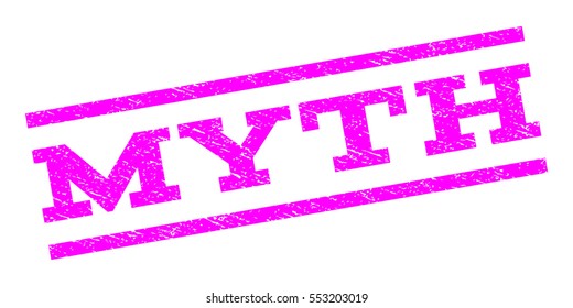 Myth watermark stamp. Text caption between parallel lines with grunge design style. Rubber seal stamp with dust texture. Vector magenta color ink imprint on a white background.