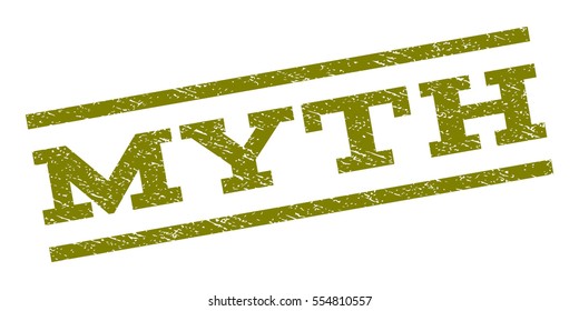 Myth watermark . Text caption between parallel lines with grunge design style. Rubber seal stamp with scratched texture. Vector olive color ink imprint on a white background.