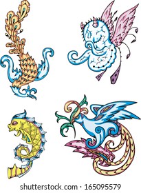 Mythic creatures - birds, fish, devil. Set of color vector illustrations.