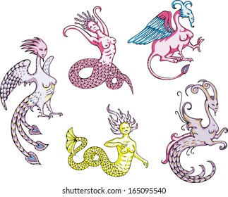 Mythic creatures - birds with human head and female breast, and mermaids. Set of color vector illustrations.