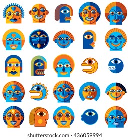 Mythic creatures collection, vector modern art. Set of fantastic odd characters expressing different emotions.