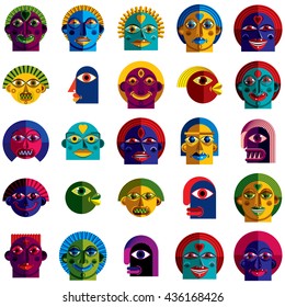 Mythic creatures collection, vector modern art. Set of fantastic odd characters expressing different emotions.