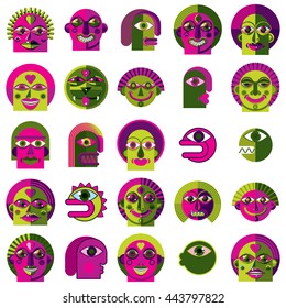 Mythic creatures collection, vector modern art. Set of fantastic odd characters expressing different emotions.
