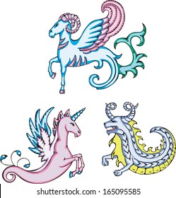 Mythic creatures - sea goats and unicorn. Set of color vector illustrations.