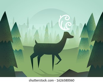 Mythic deer in deep misty woods.