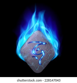 Mythic diamond-shaped stone with magic rune in blue flame