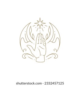 Mythic elegant human palm half moon nature planet esoteric bright star with botanical blossom line icon vector illustration. Spiritual elegant hand raising to shining sky ecology organic design emblem