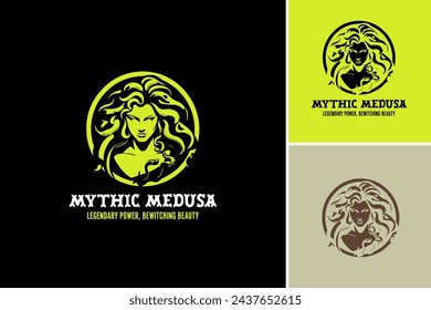 Mythic Medusa Logo. Mysterious and magical mythological concept with repeating myth text in a dreamy, artistic style. Ideal for fantasy-themed designs and storytelling illustrations.