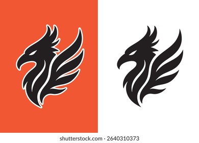 Mythic phoenix head silhouette, feathered crest and flame-like wings