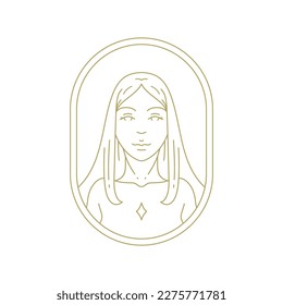 Mythic woman beauty cosmetology skin care hair coiffure line art deco vintage logo vector illustration. Esoteric fashion female wellness hairdressing aesthetic artwork cosmetic makeup boutique icon