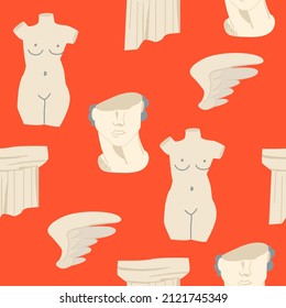 Patrón mítico, antiguo, sin fisuras griegas sobre el fondo rojo. Estatua de mármol antiguo de mujer, columna, cabeza de hombre y alas de cupido. Ilustración vectorial. Estatuas antiguas de estilo moderno. 