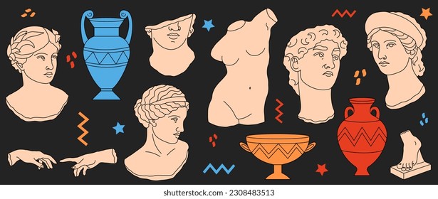 Mythical, ancient Greek style. Antique statues of women and men, vases, and sculptures of body parts on dark background.