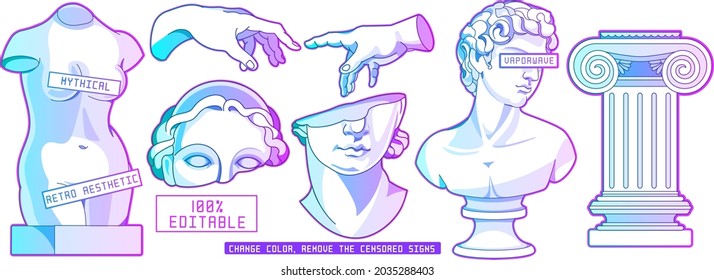 Mythical ancient sculpture in modern contemporary vaporwave stylization. Editable vector set of isolated illustrations in surreal art style.