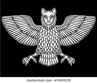 The mythical animal, Anzud with a body of a bird and the head of a lion. Character of Sumerian mythology. The white silhouette isolated on a black background. Vector illustration. 