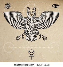 The mythical animal, Anzud with a body of a bird and the head of a lion. Character of Sumerian mythology. Space symbols. Background - imitation of old paper. Vector illustration.