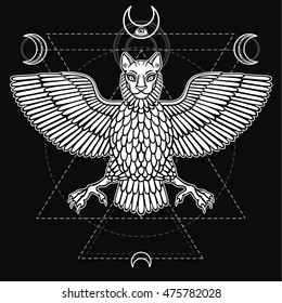 The mythical animal, Anzud with a body of a bird and the head of a lion. Character of Sumerian mythology. Sacred geometry. Monochrome drawing, vector illustration. Print, posters, t-shirt, textiles.