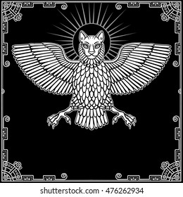 The mythical animal, Anzud with a body of a bird and the head of a lion. Character of Sumerian mythology. The white drawing on a black background, a decorative frame. Vector illustration.