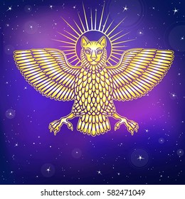 The mythical animal, Anzud with a body of a bird and the head of a lion. Character of Sumerian mythology.  Background - the night star sky. Vector illustration. Gold imitation.
