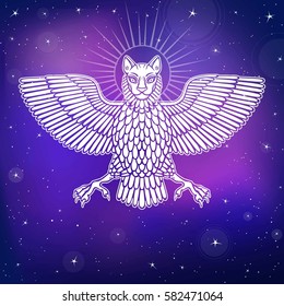 The mythical animal, Anzud with a body of a bird and the head of a lion. Character of Sumerian mythology.  Background - the night star sky. Vector illustration.