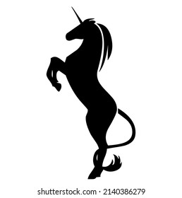 Mythical animal and horse unicorn with horn on its forehead, fantasy creature from mythology and fables, vector, illustration in black color, isolated on white background