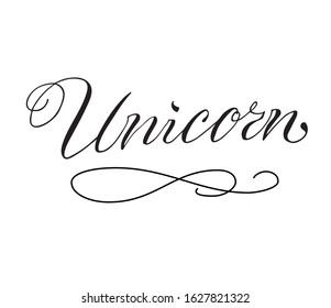 A mythical animal represented as a horse with a single straight horn. Hand written calligraphy title with flourish for print, mythical design, game, toy, card. Black on white background. EPS10