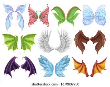 Mythical animal wings set, decorative creature sign or emblem. Hybrid creatures in fantasy folklore. Vector wings cartoon illustration isolated on white background