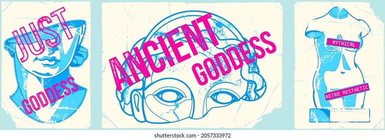 Mythical or Aphrodite goddess graphic tee template, fashion t shirt design, slogan. Contemporary overprint sketch stylization of female bust, face and body. Vector Illustration Poster about Woman beau