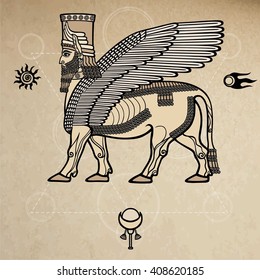 Mythical Assyrian deity winged bull of Shedu. Space symbols. Vector linear illustration. Background - imitation of old paper.