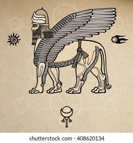 Mythical Assyrian deity winged lion of Shedu. Space symbols. Vector linear illustration. Background - imitation of old paper.