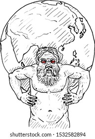 Mythical Atlas titan carries a globe on his shoulder. Hand drawn vector illustration. 