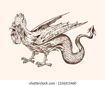 Mythical Basilisk. Ancient Mythology. Bird and animal, creature cock in the old vintage style. Engraved hand drawn old sketch.