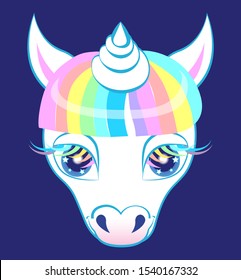 Mythical beautiful white unicorn with expressive shiny blue eyes, iridescent eyelashes and bangs. Vector character on a dark blue background.