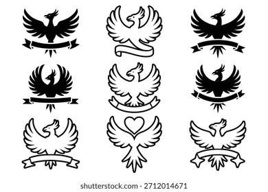 Emblemas de pássaro mítico com bandeiras logotipo fênix