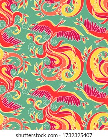 Mythical bird Phoenix (Fire bird). Seamless pattern element. Vector illustration.