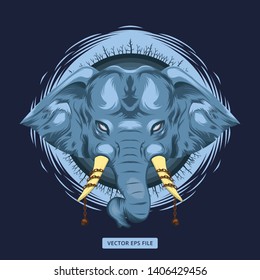 Mythical blue elephant illustration with chained skull ivory and dead forest around the head on dark background