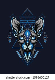 Mythical blue sphinx cat illustration with geometric pattern