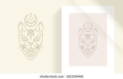 Mythical cat head silhouette linear vector illustration. Mystic Sphynx cat with crescent moon esoteric minimal object outline style. Good for logo emblem or poster decoration.