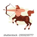 Mythical centaur fictional creature with bow, flat vector illustration isolated on white background. Centaur mythological personage of ancient culture.