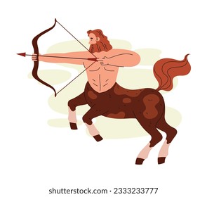 Mythical centaur fictional creature with bow, flat vector illustration isolated on white background. Centaur mythological personage of ancient culture.