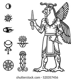 Mythical character. Image of the person centaur Winged lion. Full growth. Black and white drawing based on motives of  Sumerian art, isolated on a white background. Space symbols. Vector illustration.