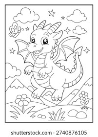 Mythical creature activity sheet for toddlers. A cute little dragon character soaring through the sky with stars and clouds. Simple and bold line art Coloring page for early learners.
