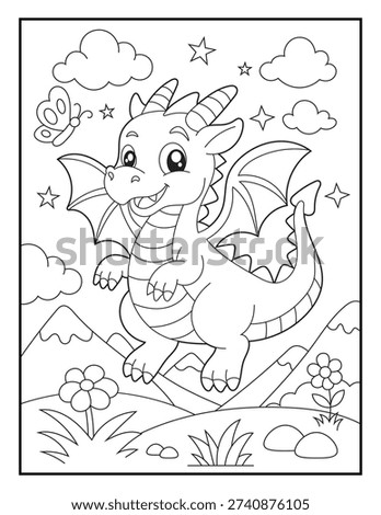 Mythical creature activity sheet for toddlers. A cute little dragon character soaring through the sky with stars and clouds. Simple and bold line art Coloring page for early learners.