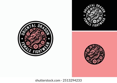 Mythical Creature Asian Chinese Dragon Snake with Flower Label Badge Emblem Logo Design