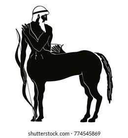 Mythical creature Centaur with a bow and arrows. Vector vintage Greek national style. Black pattern isolated on white background.