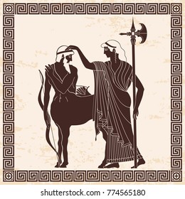 Mythische Kreatur Centaur mit einem Bogen und Athena Pallada mit Halberd. Vektor vintage griechischen nationalen Stil. Braunes Muster auf beigem Hintergrund mit dem Alterungseffekt.
