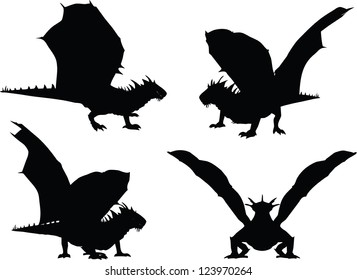 Mythical creature. Dragon. Set of silhouettes. Vector