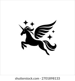 Criatura mítica em voo, chifre, asas grandes, magia celeste, design elegante.