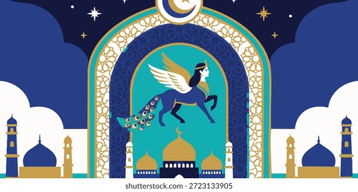 Criatura mítica voando por um arco ornamentado com cúpulas e minaretes ao anoitecer